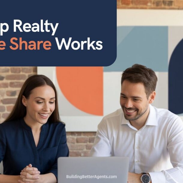 Two real estate agents meeting to review the eXp Realty revenue share program and calculating potential earnings.