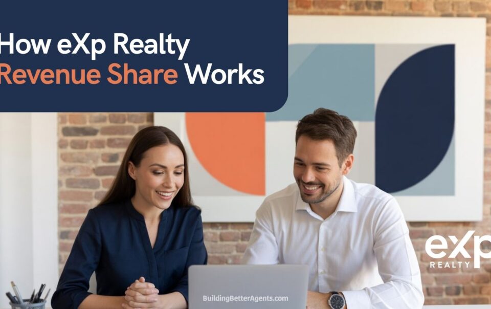 Two real estate agents meeting to review the eXp Realty revenue share program and calculating potential earnings.