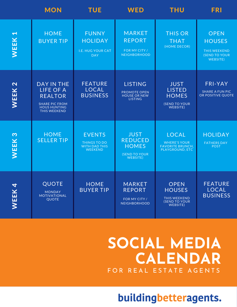 Example of a social media marketing calendar for real estate agents and brokers