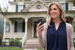 Real estate agent making a youtube video in front of her new listing