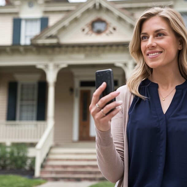 Real estate agent making a youtube video in front of her new listing