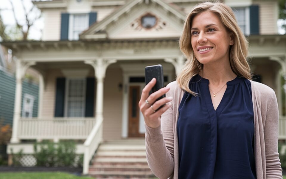 Real estate agent making a youtube video in front of her new listing