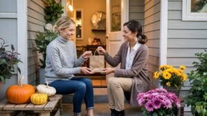 Real estate agent dropping off a gift for her client.