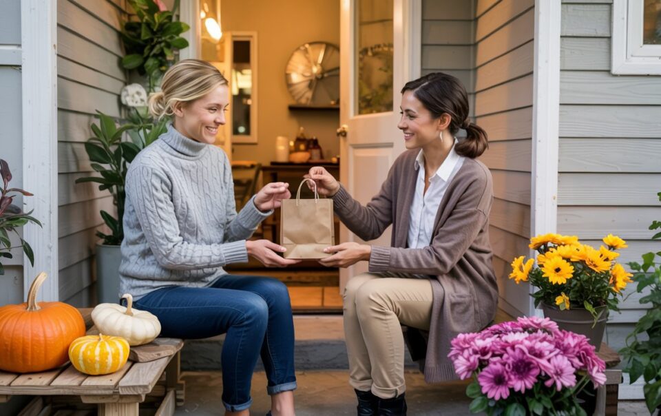 Real estate agent dropping off a gift for her client.