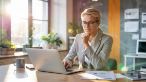 Female real estate agent sitting in her brokerage office wondering if it is time to find a new real estate firm.