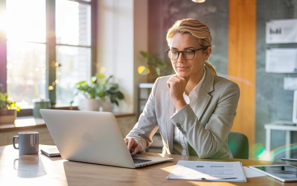 Female real estate agent sitting in her brokerage office wondering if it is time to find a new real estate firm.