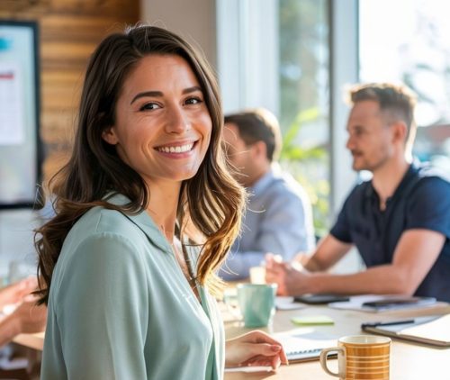 Woman smiling at the camera while she is attending a real estate license course.